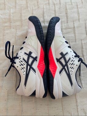 ASICS White and Navy Running Sneakers with Pink Accents